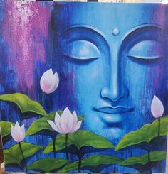 a painting of a buddha face surrounded by water lilies