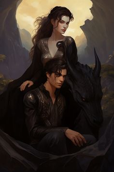 two people sitting on top of a black dragon in front of a woman with long hair