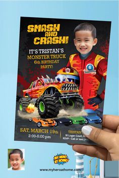 a hand holding up a birthday card with a monster truck on it and the words smash and crash