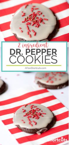 two ingredient dr pepper cookies with white frosting and sprinkles on top