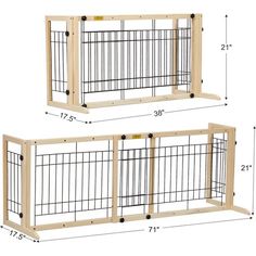 two wooden dog kennels are shown with measurements for the size and width to each one