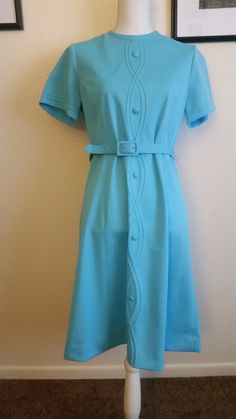 "Darling light blue Myrette Late 60's or Early 70's dress with original belt. Dimensions: 40\" Length 39\" Bust 36\" Waist/belt" Blue Fitted Belted Dress With Short Sleeves, Retro Belted Dress For Formal Occasions, Retro Belted Formal Dress, Fitted Retro Belted Dress, Retro Fitted Belted Dresses, Vintage Dresses With Belt For Spring, 70's Dress, 70s Dress, Polyester Dress