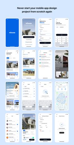 an image of a bunch of different app screens on a blue background with the text never start your mobile app design project from scratch again