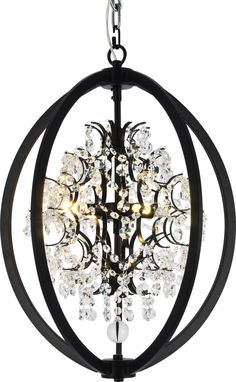 an orb chandelier with crystal balls hanging from the center and black metal frame