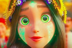 an animated girl with green eyes and flowers on her head