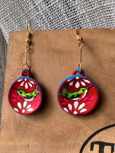 Vibrant summer earrings. Red Hand-painted Dangle Earrings, Red Hand Painted Dangle Earrings, Multicolor Hand Painted Earrings For Beach, Red Hand Painted Drop Earrings, Vibrant Drop Earrings For Gifts, Vibrant Drop Earrings For Gift, Vibrant Drop Earrings Jewelry Gift, Artistic Drop Earrings For Summer, Hand Painted Green Summer Earrings