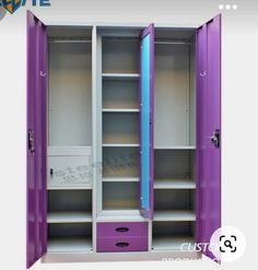 two purple and white lockers with drawers on each side, one is open to show the