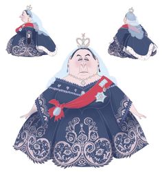 an animated image of queen elizabeth in blue dress with tiara and crown on her head