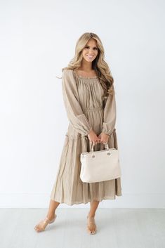 Autumn Romance Dress Beige Long Sleeve Midi Dress With Gathered Sleeves, Fall Brown Midi Dress With Puff Sleeves, Beige Square Neck Dress For Fall, Beige Square Neck Dresses For Fall, Beige Midi Dress With Smocked Bodice, Modest Beige Knee-length Midi Dress, Modest Knee-length Beige Midi Dress, Beige Smocked Bodice Midi Dress, Fall Beige Midi Dress With Square Neck