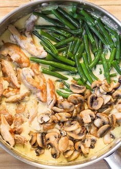 green beans and mushrooms cooking in a pan