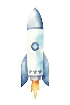 a watercolor drawing of a blue and white rocket ship