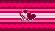 two hearts with knifes in the middle on a pink and red striped wallpaper