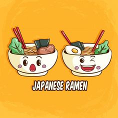 two bowls of food with chopsticks sticking out of them and the words japanese ramen written below