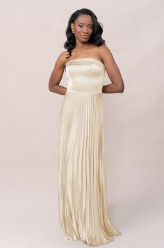 Model: April; Size: 4; Color: Pale Yellow Satin Pleated Dress, Elevated Wedding, Floral Satin Dress, Pleated Satin Dress, European Garden, Pink Summer, Bra Cups, Fold Over, Straight Cut