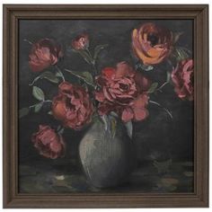 a painting of red and yellow flowers in a gray vase on a black tablecloth