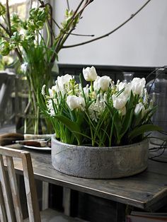 white tulips and other flowers in a pot on a table