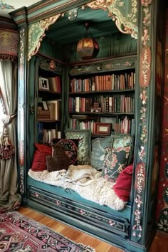 a bed with bookshelves and pillows in a room