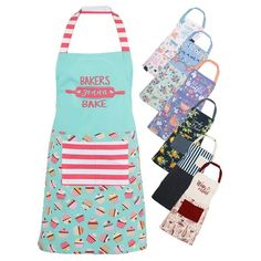 six aprons with different designs on them and one has an apron that says baker's bake