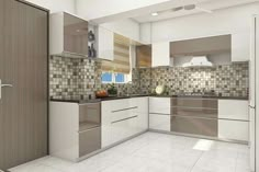 the interior of a modern kitchen with white and brown cabinets, tile backsplash and stainless steel appliances