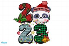 a panda bear with a christmas hat and numbers