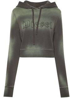 olive green cotton jersey texture gradient effect appliqué logo drawstring hood long sleeves ribbed cuffs and hem cropped straight hem French terry lining Sage Green Hoodie, 2008 Fashion, Dark Sage Green, Diesel Sweatshirt, Texture Gradient, Hoodie Collection, Dark Sage, Hoodie Green, Soft Clothes