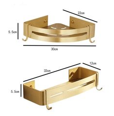 two brass bathroom accessories are shown with measurements for each item and the other part is labeled