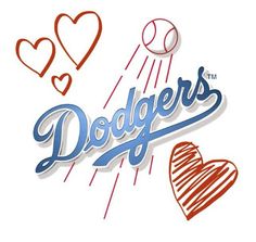 the los angeles dodgers logo with hearts and baseballs on it's back ground