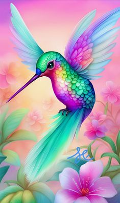 a painting of a colorful hummingbird with flowers in the foreground and a pink background