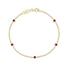 Handcrafted in 18-karat yellow gold, this bracelet features five illusion set rubies stationed on a 6.5 inch chain. A classic and timeless piece that will add the perfect shot of color to your wrist, we love this new everyday essential bracelet. Bracelet measures 6.5 inches in length Carat Weight: 0.25cts Lobster clasp Made with love in Los Angeles Complimentary gift wrapping provided Gold Ruby Bracelet, Ruby Bracelet, Red Bracelets, Ring Bracelet, Bracelet Designs, Fashion Bracelets, Timeless Pieces, Favorite Things Gift, Everyday Essentials Products