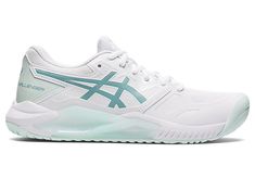 the asics shoes are white and blue, with light green accents on the upper part