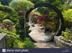 an outdoor garden with stone walkway and trees