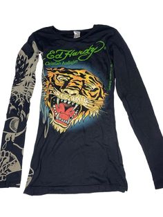 #ad Premium Quality Ed Hardy Christian Audigier Y2K Tiger Womens Size XS Shirt Boho Top Basic Glow, Fashion women's top Black Y2k Top With Sublimation Print, Fitted Graphic Print T-shirt For Winter, Winter Fitted Graphic Print T-shirt, Green Fitted Edgy Tops, Fitted Long Sleeve T-shirt For Streetwear, Fitted Long Sleeve Shirt For Streetwear, Fitted Shirt With Sublimation Print For Streetwear, Nice Closet, Ed Hardy Long Sleeve