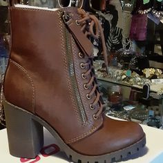 Great Grany Style Chuc Boot With In Side Zipper Easy On And Off Granny Lace Up Leather Look Boots Great For A Saturday Afternoon From Our Boutique Glitz 180 Danielson Pike Scituate Ri 02857 Casual Brown Block Heel Lace-up Boots, Casual Brown Lace-up Boots With Block Heel, Casual Stacked Heel Winter Heels, Casual Stacked Heels For Winter, Casual Block Heel Lace-up Boots, Casual Brown Winter Heels, Casual Lace-up Boots With Stacked High Heel, Soda Boots, Granny Style