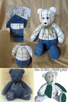 there are four pictures of teddy bears in different styles and colors, including one with jeans on it