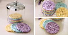 crocheted coasters are sitting on the counter next to a canister and flowers