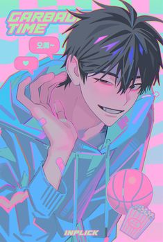 an anime character with black hair wearing a blue jacket and holding a basketball in his hand