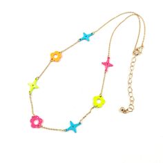 "Very cute & fun neon color hypoallergenic brass clover necklaces! This beautiful clover neon necklace is unique and great to wear for summer. The clover is thought to bring you hope, faith, love, and luck! Comes in a cute gift box, ready to present and perfect gift for girls!  - Handmade item - Color: neon multi, neon pink, neon yellow - Material: 18K Gold plating, Brass - Length : 16\" + 2.5\" extension - Charms : 10mm - Cable chain - Closure: Lobster clasp - Style: Minimalist - Lead Compliant Trendy Multicolor Necklace With Flower Charm, Trendy Multicolor Flower Shaped Jewelry, Neon Jewelry For Summer Gifts, Playful Bright Colored Jewelry Gift, Clover Necklaces, Colorful Necklaces, Neon Necklace, Necklaces Dainty, Love And Luck