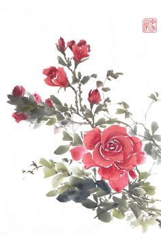 watercolor painting of red roses with green leaves on a white background in chinese writing