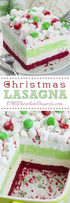 christmas lasagna cake with white and green frosting, peppermint candies, and candy