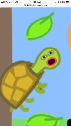 an image of a cartoon turtle with leaves flying around