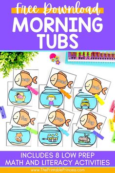 the free printable morning tubs for kids to practice their math and reading skills