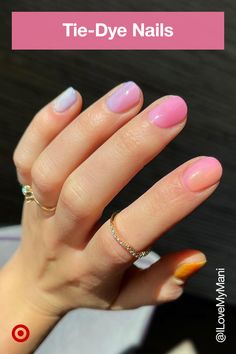 Summer nails are taking a cue from the cute tie-dye trend. Find nail inspiration & trendy colors for a bright & beautiful at-home mani. Pink And Purple Sparkle Nails, Builder Gel Nails Design Summer, Nail Color Designs, Nails Short Acrylic, Gel Nails Manicure, Acrylic Nails Designs, Tie Dye Nails, Short Acrylic