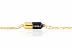 The Chill Pill Bracelet serves up an extra dose of chill and the perfect pop of color. Wear as needed, no prescription required. Chill pill measures 0.6 inches. Pill is cast in sterling silver and plated with 18K gold and enameled. Available with black or emerald green with 18K gold vermeil and gold filled drawn cable chain. Adjustable length 6-7.5 inches with a lobster style clasp. Available in Black, Coral Red and Pink Sky Black Enamel Bracelets For Gifts, Black Enamel Bracelets Gift, Black Enamel Bracelet Gift, Chill Pill, Mini Rodini, Pink Sky, Gift Accessories, Cable Chain, Jewelry Bags