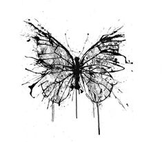 a black and white drawing of a butterfly with paint splatters on it's wings