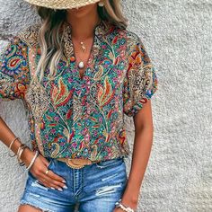 Material: Cotton-Polyester BlendSleeve Length: Short SleeveNeckline: V-NeckPattern Type: Ethnic PrintSeason: Spring, Summer Casual Tops For Women Classy, Paisley Print Blouse, Colorful Blouses, Mode Casual, Blouse Material, Casual Tops For Women, Women Shirts Blouse, Sweater Blouse, Casual Blouse