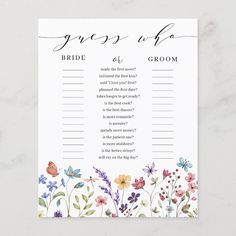 a wedding guess card with flowers and butterflies on the front, which reads'guess of a bride '