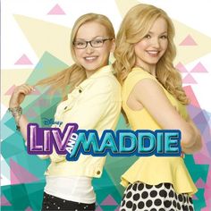 two young women standing next to each other in front of a colorful background with the words liv and maddie on it