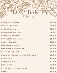 a menu for a bakery with lots of food on it