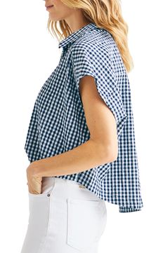 A boxy, unstructured fit adds ease to the casual charm of a cheery gingham seersucker shirt. 22" length Front button closure Spread collar Short sleeves 70% cotton, 28% rayon, 2% spandex Machine wash, line dry Imported Seersucker Shirt, Gingham Tops, Stripe Shirt, Tops For Women, Navy White, Striped Shirt, Navy And White, Nordstrom Rack, Gingham