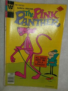 the pink panther comic book is on display